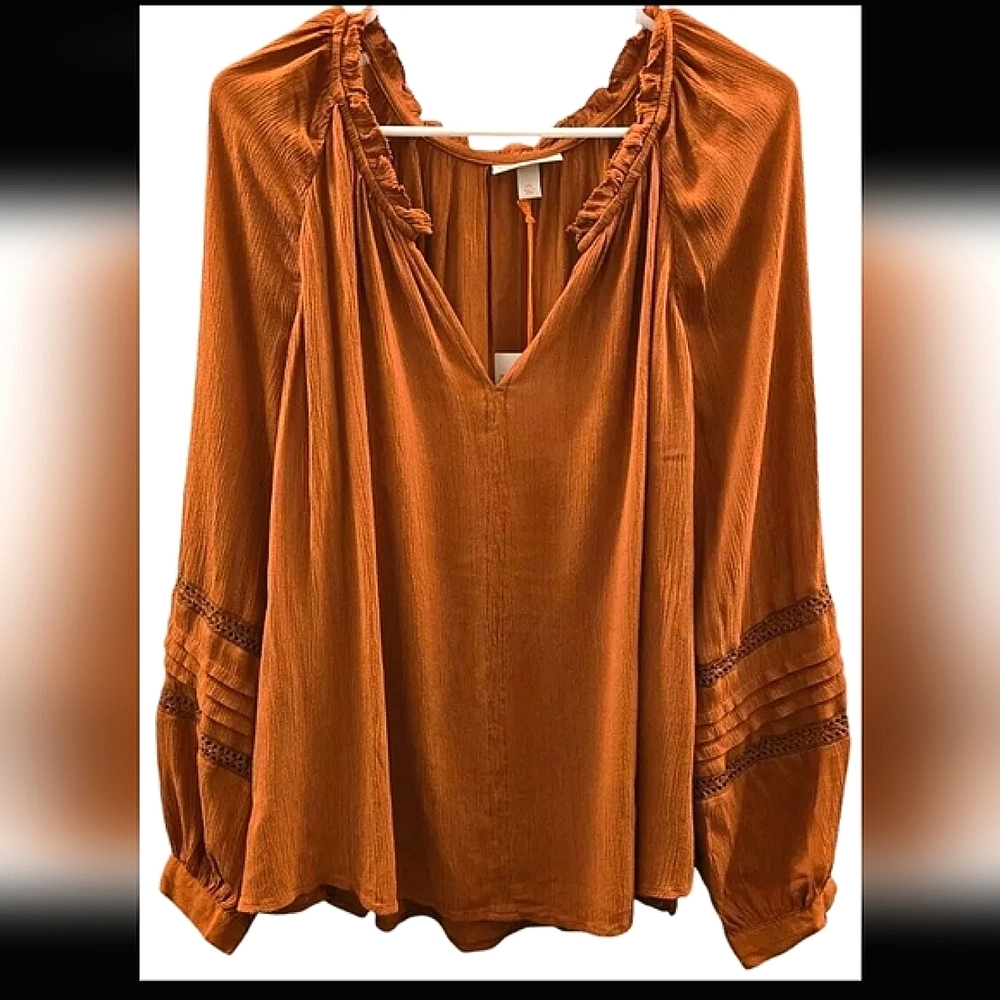 Knox Rose Womens Gauzy Lace Burnt Orange/Brown Blouse Long-Sleeve Size XXL NWT